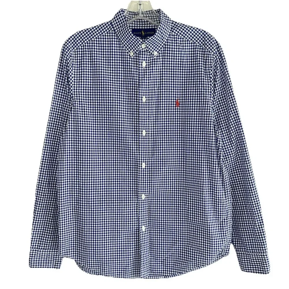Ralph Lauren Boys Shirt Kids Size 18 20 Blue White Plaid Red Pony Long Sleeve